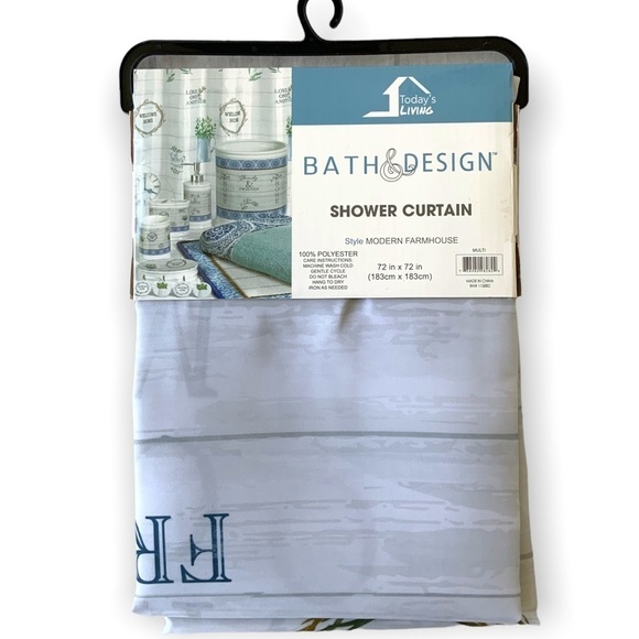 Modern Farmhouse Fabric Shower Curtain White Blue Multicolor 72 in X 72 in - Picture 6 of 16